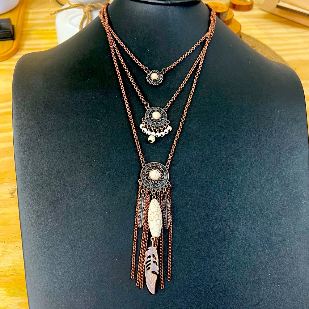 Layered Necklace Women 20" Western Feather Pendant Boho Adventurecore Cabincore